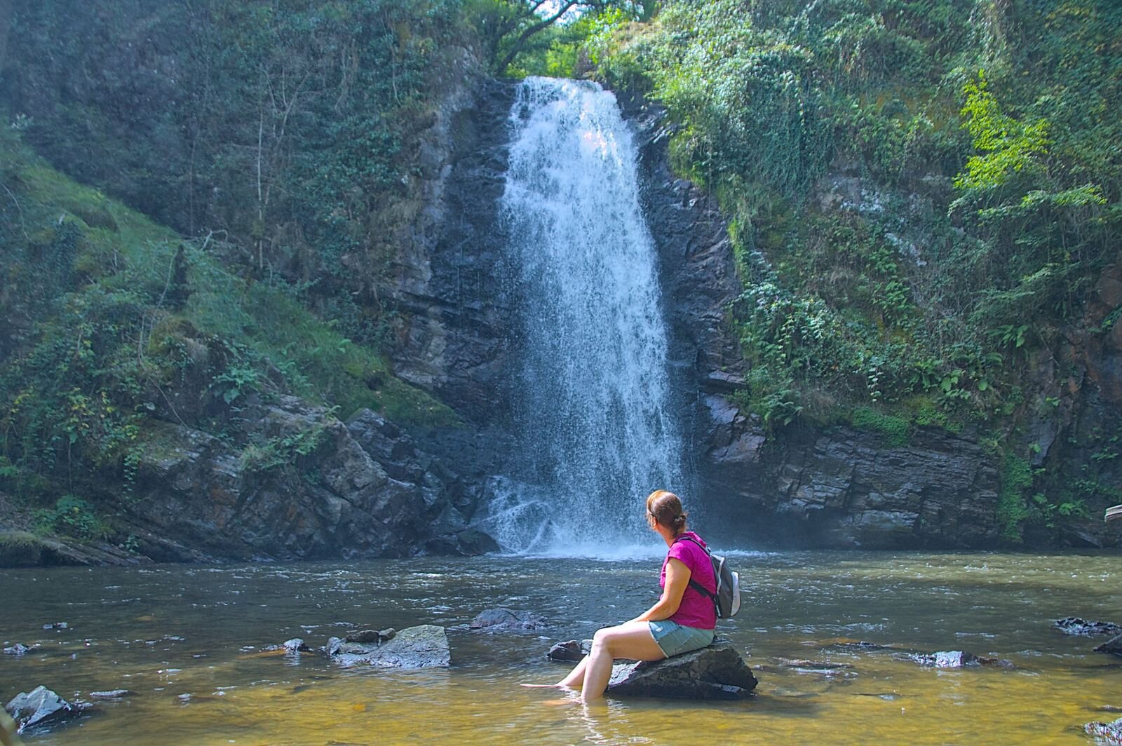 A hiker pausing at a forest waterfall