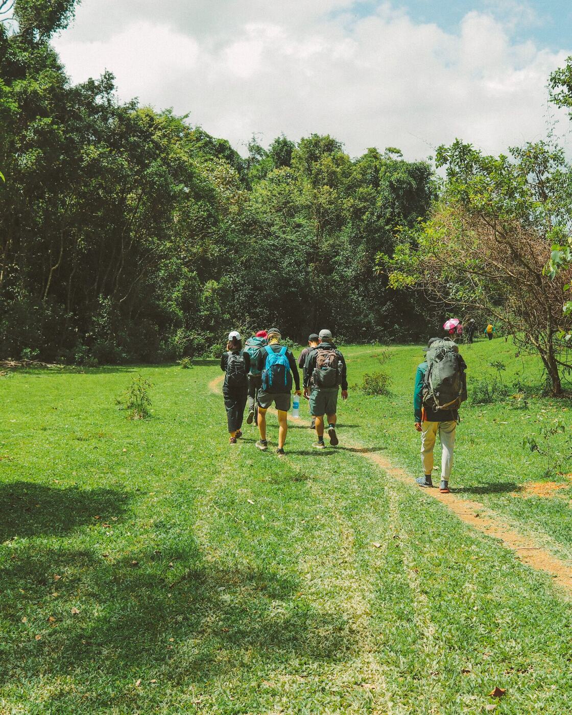 Hikers crossing open grassland on the trail